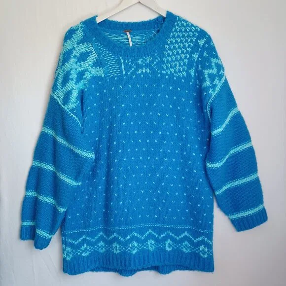 Free People Chunky Knit Sweater Blue Green Stripe Pullover Womens Medium - Picture 2 of 11